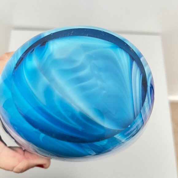 Handcrafted‎ Iridescent Blue Swirl Ocean Glass Vase With Unique Sculpted Lip - Picture 7 of 7